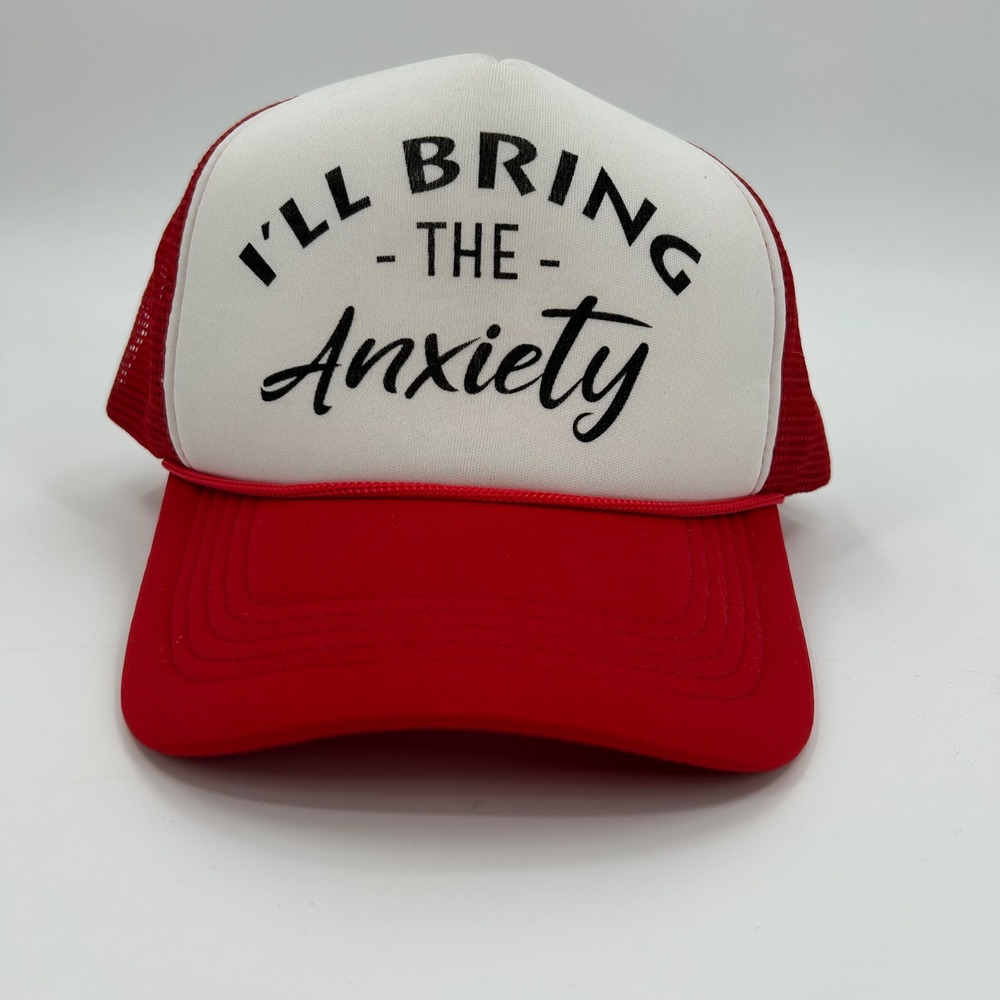 Funky Junque I'll Bring the Anxiety Trucker Hat Red White Mesh Snapback Cap NEW